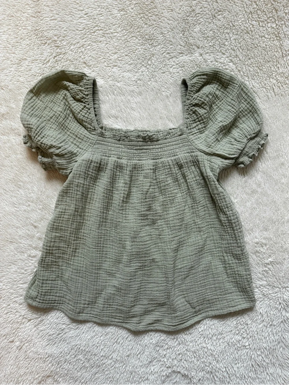 Pale Green Puff-Sleeve Square Neck Cotton Gauze Short Sleeve Top